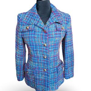 Vintage 1960s CHANEL Inspired Multicolor Wool Tweed Plaid Jacket by I Magnin S/M
